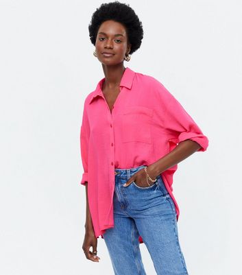 Bright Pink Long Sleeve Oversized Shirt ...